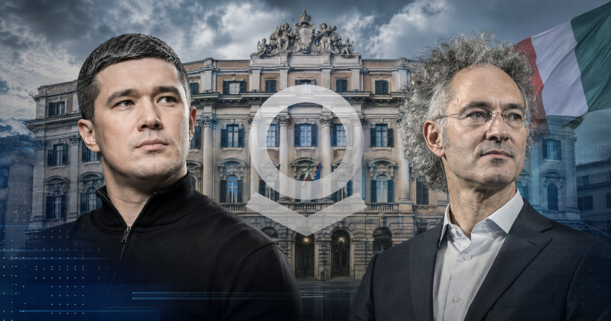 Fedorov Palantir, l'ex ministro ucraino Mykhailo Fedorov accanto al logo Palantir davanti al ministero della Difesa italiano